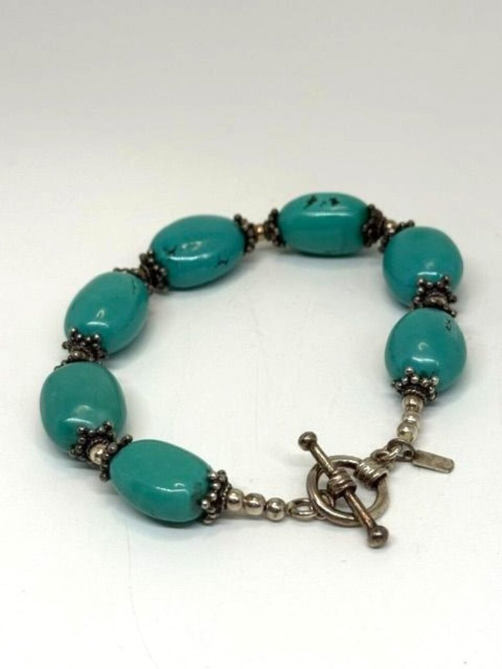 Marked BJ Sterling 925 Turquoise Beaded Toggle Clasp Bracelet